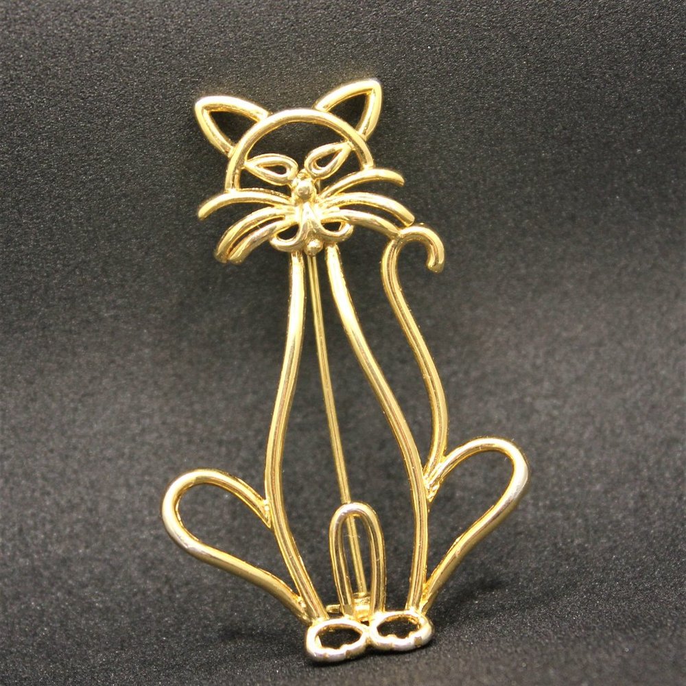 Gold Wire Outline Cat Brooch Vintage